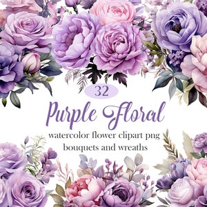 Lila Blume PNG, Aquarell Lila Blumen Clipart Bundle, Blumenstrauß, Kranz, digitaler Download