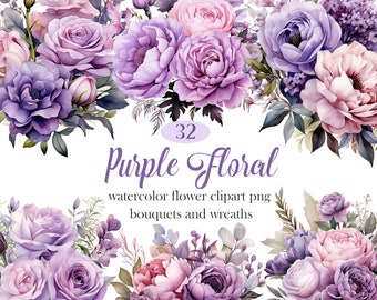 Purple Flower PNG, Watercolor Purple Floral Clipart Bundle, Flower Bouquet, Wreath, Digital Download