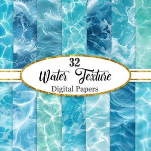 Può includere: Una collezione di 32 carte digitali con varie trame d'acqua in tonalità di blu e turchese. L'immagine include un ovale bordato d'oro con il testo "32 Water Texture Digital Papers".