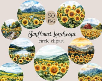 Sunflower PNG, Landscape Clipart, Watercolor Scenery Circle, Digital Download