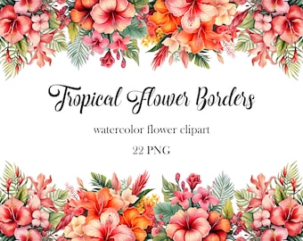 Tropical Flower Border Clipart, Watercolor Summer Floral PNG, Flower Frame, Hibiscus Borders, Digital Download