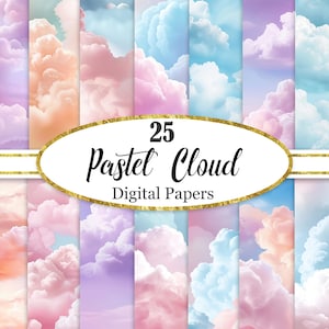 Puede incluir: Una colección de 25 papeles digitales con diseños de nubes pastel en tonos rosa, azul, melocotón y morado. La imagen incluye un óvalo con borde dorado con el texto "25 Pastel Cloud Digital Papers".
