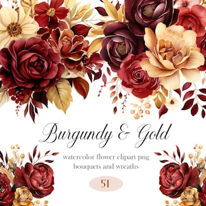 Burgunder Blume PNG, Aquarell Burgunder Gold Floral Clipart Bundle, Hochzeitsstrauß, Burgunder Blume Clipart, digitaler Download