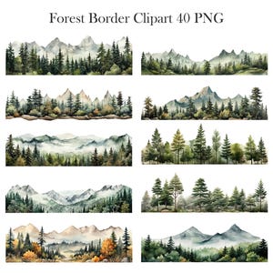 May include: A set of 40 watercolor illustrations of forest borders with mountains in the background. The illustrations are perfect for adding a touch of nature to your designs.