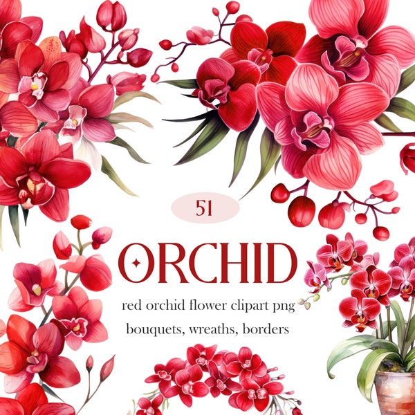 Orchidée rouge PNG, lot de cliparts orchidée aquarelle, bouquet de fleurs rouges Couronne des cliparts, orchidée rouge Floral PNG, téléchargement numérique