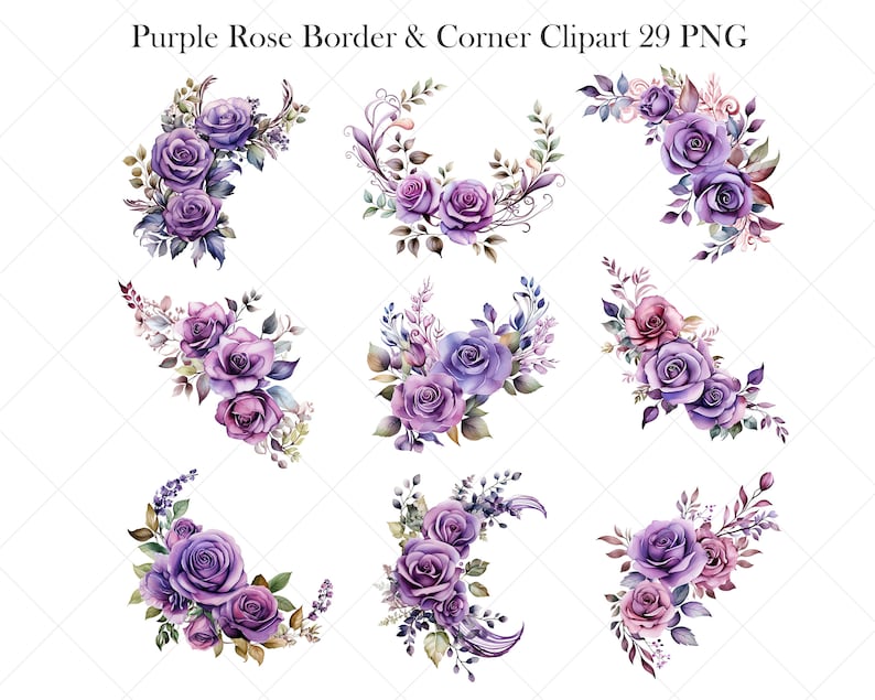 May include: Nine watercolor illustrations of purple rose bouquets in various arrangements, perfect for adding a touch of elegance to your designs. These floral corner and border elements are ideal for creating invitations, cards, and other creative projects.