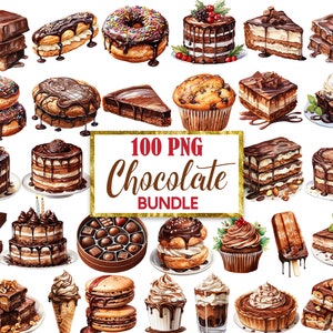 Chocolate Clipart Bundle, Watercolor Chocolate PNG, Sweet Treats Clipart, Dessert, Cake, Digital Download