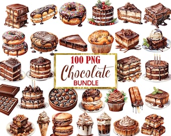 Chocolate Clipart Bundle, Watercolor Chocolate PNG, Sweet Treats Clipart, Dessert, Cake, Digital Download