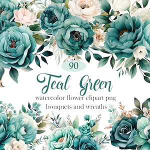Teal groene bloem PNG, aquarel groene bloemen clipartbundel, lentebloem, bruidsboeket, krans, bloemsublimatie, digitale download