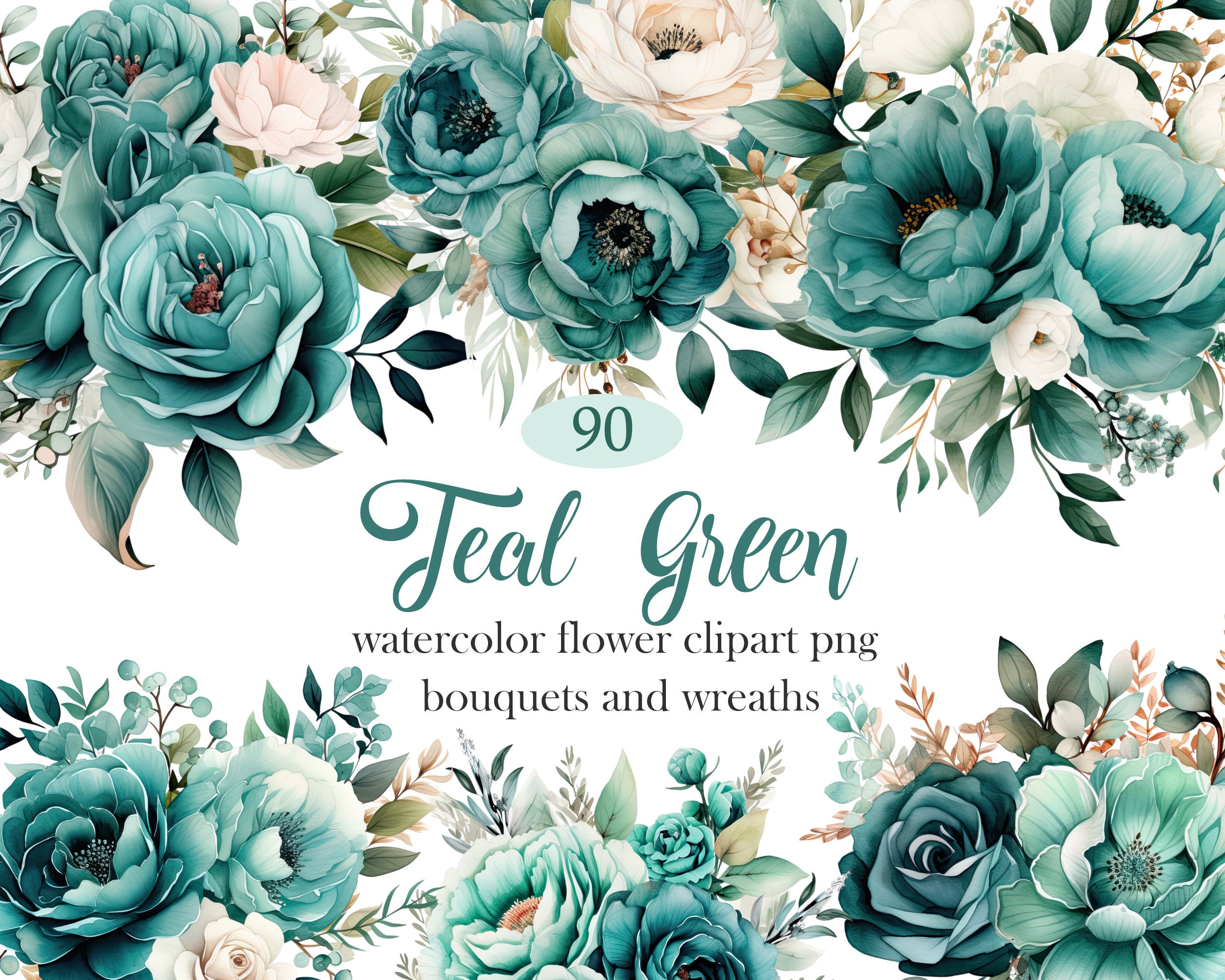 Teal Green Flower PNG, Watercolor Green Floral Clipart Bundle, Spring Flower, Wedding Bouquet, Wreath, Flower Sublimation, Digital Download