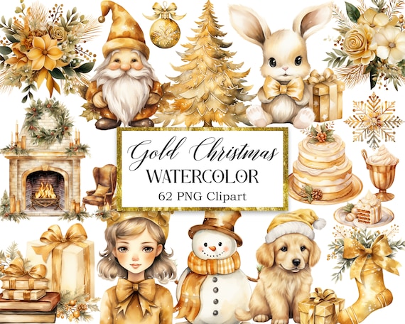 Gold Christmas Clipart, Watercolor Christmas PNG, Sublimation, Christmas Decor, Digital Download