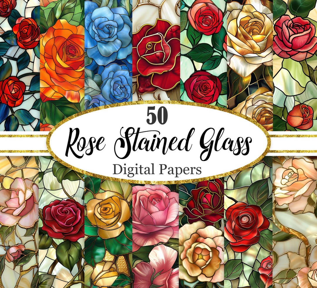 Rose Stained Glass Digital Paper, Flower Background, Floral Texture - Etsy