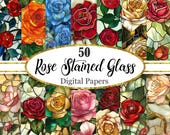 Rose Stained Glass Digital Paper, Flower Background, Floral Texture
