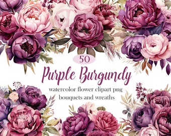 Purple Burgundy Flower Clipart, Watercolor Floral PNG, Wedding Flower, Autumn Floral, Bouquet, Wreath, Digital Download