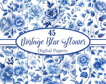 Vintage Blue Flower Digital Paper, Blue Floral Background, Spring Flower, Scrapbook Paper, Digital Download