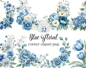 Blauwe bloemen clipart, aquarel blauwe bloemenhoek PNG
