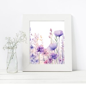 May include: A watercolour painting depicting a field of purple and pink flowers. The flowers are arranged vertically, with the tallest at the top and the shortest at the bottom. The flowers are painted in a soft, delicate style, highlighting the subtle variations in colour and texture.