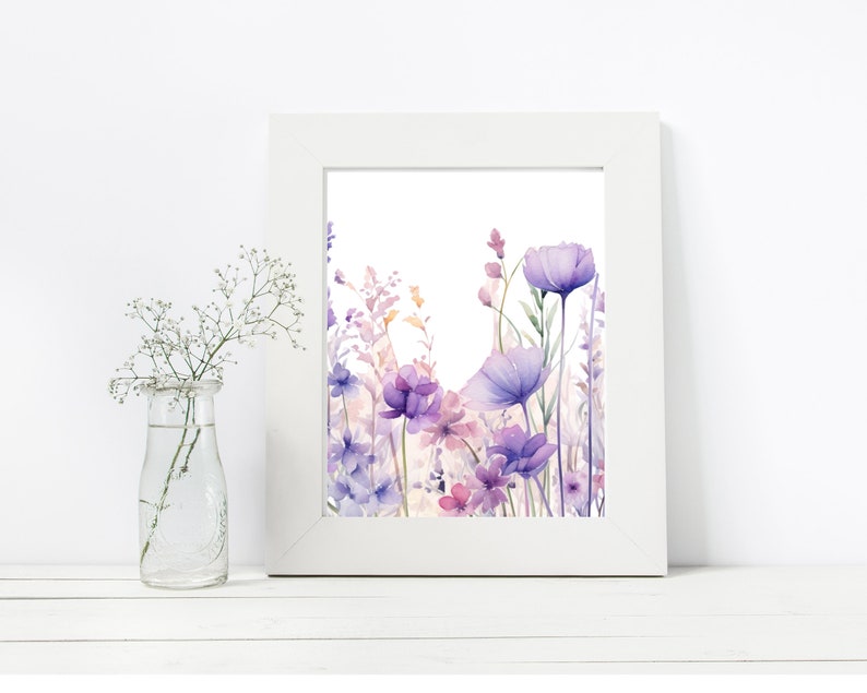 May include: A watercolour painting depicting a field of purple and pink flowers. The flowers are arranged vertically, with the tallest at the top and the shortest at the bottom. The flowers are painted in a soft, delicate style, highlighting the subtle variations in colour and texture.