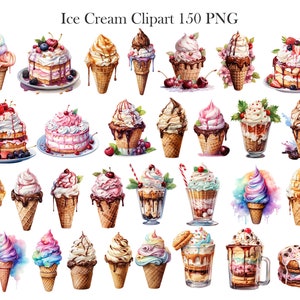 May include: A collection of 150 watercolor illustrations of ice cream cones, sundaes, and cakes. The illustrations are in a variety of colors and styles, and they are all very detailed.