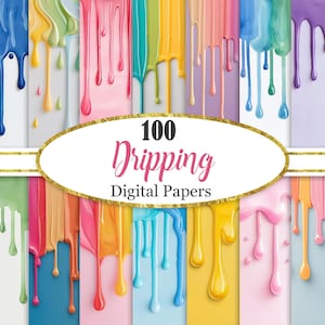 May include: A vibrant digital art piece featuring a collection of colorful, dripping paint effects. The image showcases a variety of hues, including blues, greens, pinks, and yellows, with the text "100 Dripping Digital Papers" in a gold-outlined oval.