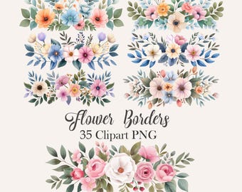 Imágenes prediseñadas de borde floral, acuarela floral primaveral PNG, descarga digital