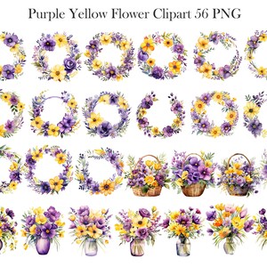 Op de afbeelding: Een set van 56 digitale clipart-afbeeldingen met aquarel-illustraties van paarse en gele bloemen die zijn gerangschikt in kransen, boeketten en manden. De bloemen zijn een mix van viooltjes, narcissen en andere lentebloemen.