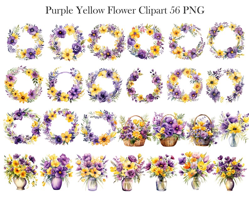 Op de afbeelding: Een set van 56 digitale clipart-afbeeldingen met aquarel-illustraties van paarse en gele bloemen die zijn gerangschikt in kransen, boeketten en manden. De bloemen zijn een mix van viooltjes, narcissen en andere lentebloemen.