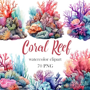 サンゴ礁のクリップアート、水彩サンゴ礁 PNG バンドル、水中のクリップアート、夏、海、海洋、デジタル ダウンロード