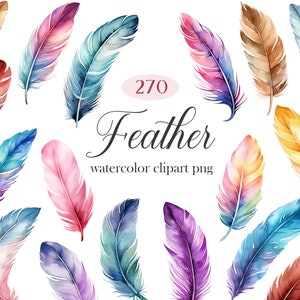 Veren PNG, aquarel veren clipartbundel, Boho Feather, kleurrijke veren, lente clipart, digitale download