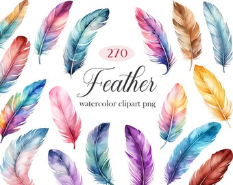 Feather PNG, Watercolor Feather Clipart Bundle, Boho Feather, Colorful Feather, Spring Clipart, Digital Download