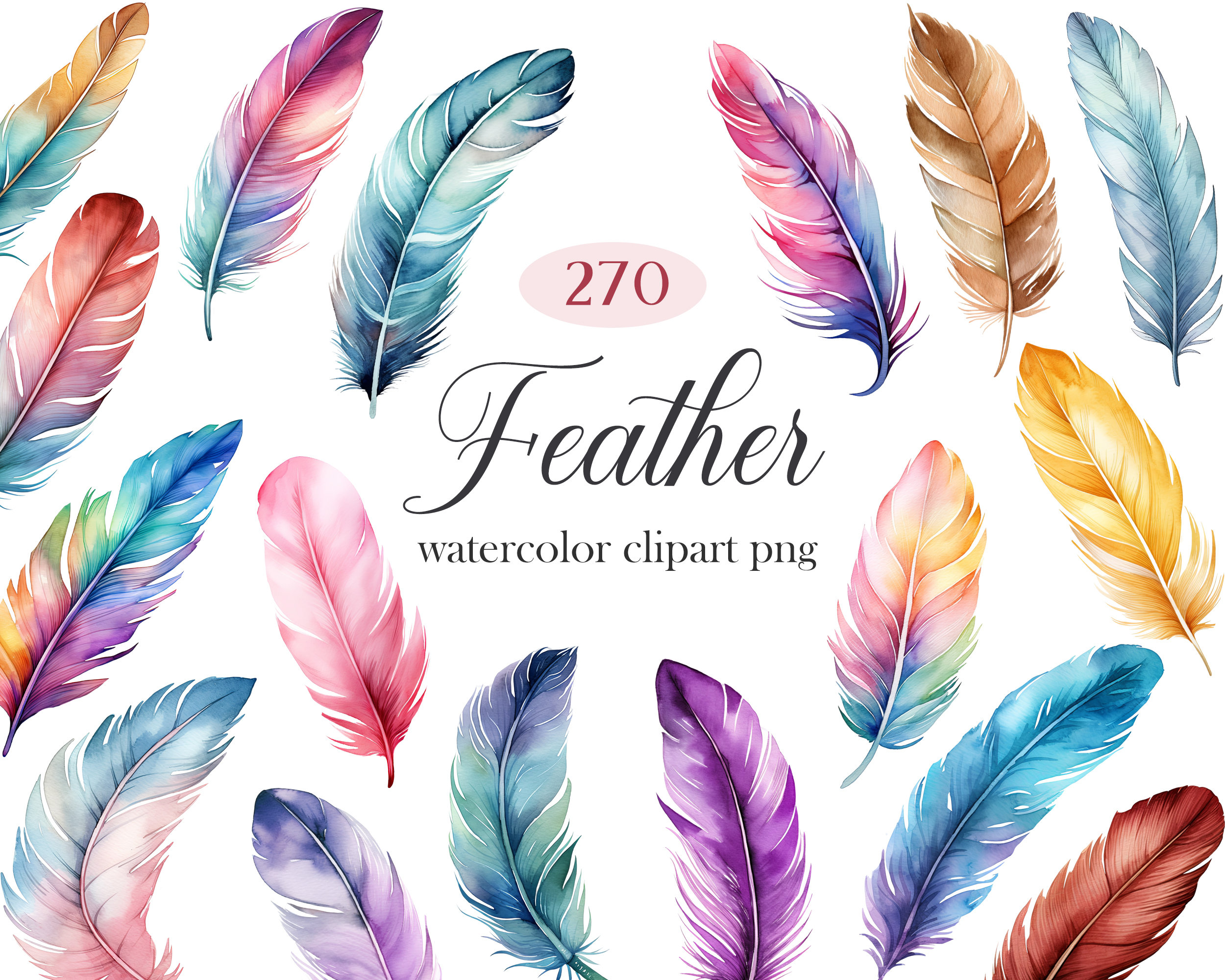 Feather PNG, Watercolor Feather Clipart Bundle, Boho Feather, Colorful ...