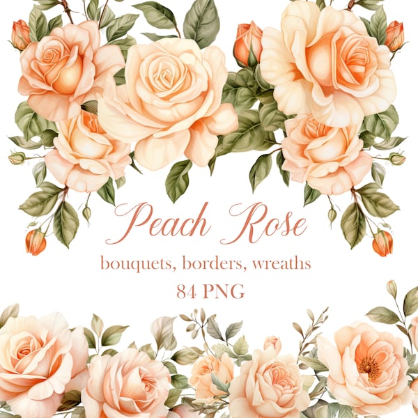 Peach Rose PNG, Pastel Orange Rose Clipart, Watercolor Peach Flower Border, Wedding Bouquet, Wreath, Spring Floral, Digital Download