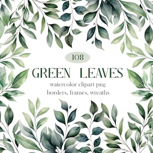 Groen blad PNG, groene bladeren aquarel clipart bundel, groen clipart, bladeren grens krans, bruiloft clipart, gebladerte, tropische bladeren