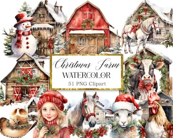 Christmas Farm Watercolor Clipart Bundle, Christmas Sublimation, Christmas Barn PNG