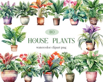 House Plants Clipart, Watercolor Potted Plants PNG, Indoor Plants Sublimation, Tropical Leaves