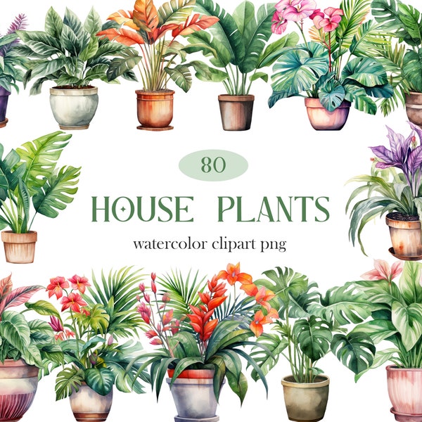 House Plants Clipart, Watercolor Potted Plants PNG, Indoor Plants Sublimation, Tropical Leaves