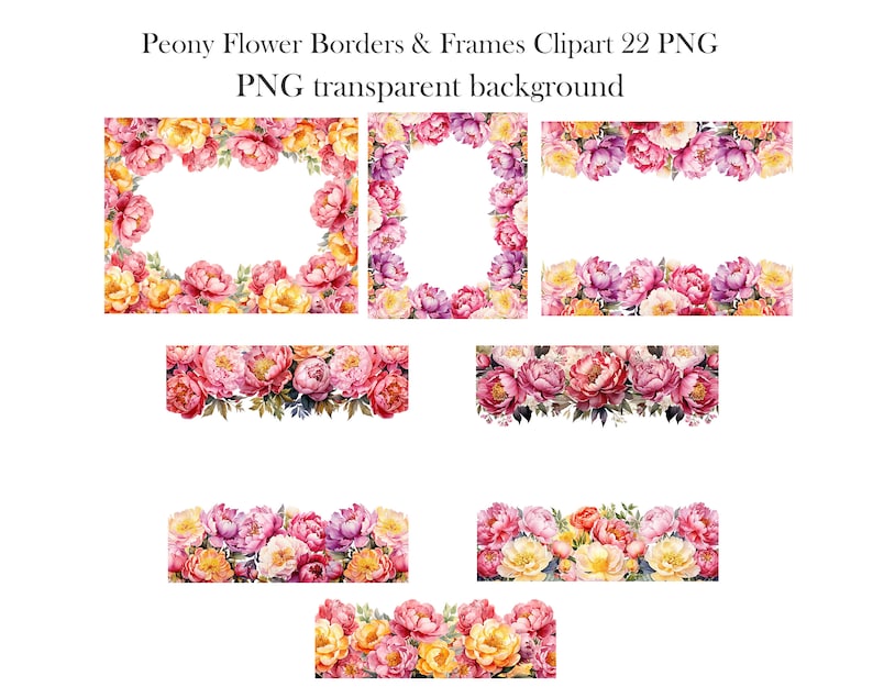 Peony Border Clipart, Watercolor Peony Flower Frame PNG, Spring Floral ...