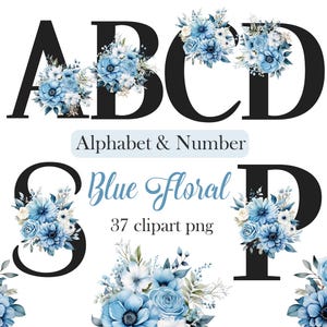 Alphabet floral bleu Clipart, PNG de l'alphabet de fleurs, lettres et chiffres, sublimation, téléchargement numérique