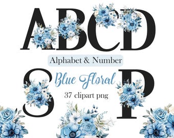 Blue Floral Alphabet Clipart, Flower Alphabet PNG, Letters and Number, Sublimation, Digital Download