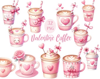 Valentine Coffee Clipart, Watercolor Valentine Coffee PNG Bundle, Valentine Day Clipart, Coffee Sublimation, Valentine Drink