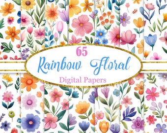 Rainbow Flower Digital Paper, Watercolor Spring Floral Background, Colorful Flower, Scrapbook Paper, Digital Download