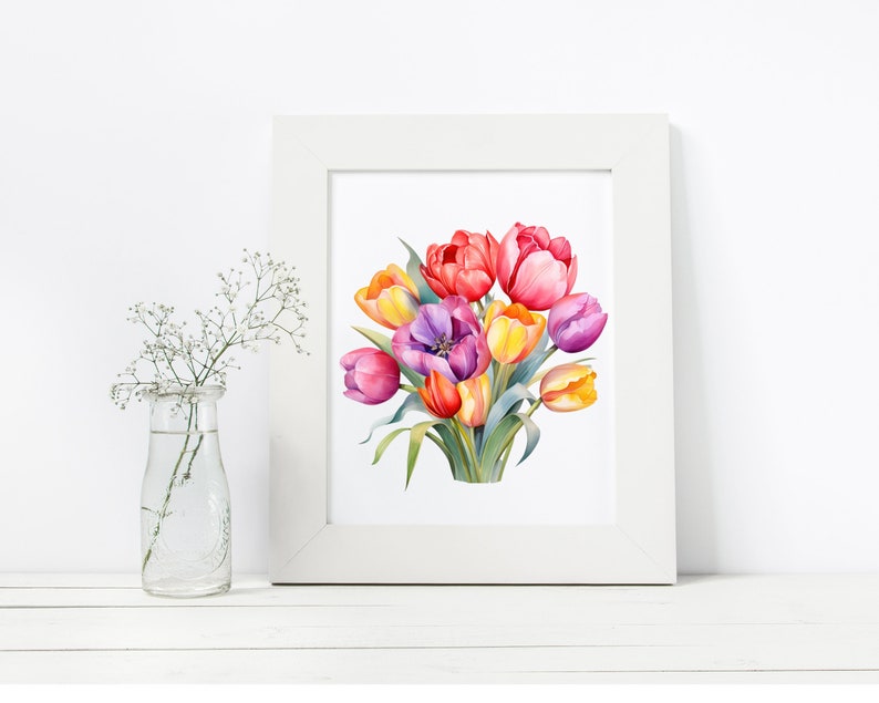 Colorful Tulip Watercolor Clipart, Tulip PNG, Watercolor Floral Clipart Bouquet Wreath, Spring Flower, Digital Download image 5