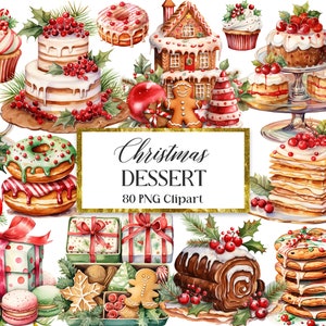Peut inclure: Une collection de 80 illustrations aquarelle de desserts de No&euml;l, comprenant des maisons en pain d'&eacute;pices, des g&acirc;teaux, des biscuits, des beignets et des macarons. Les illustrations sont parfaites pour cr&eacute;er des cartes de v&oelig;ux, des invitations et d'autres designs festifs.