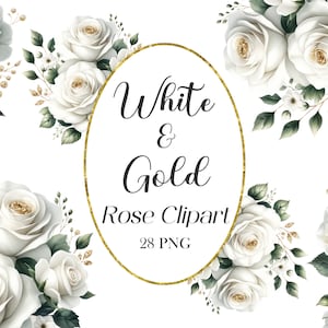 Weiß Gold Rose PNG, Rose Clipart, Hochzeitsstrauß, weiße Blume Clipart, Kranz, Rose Rahmen, digitaler Download
