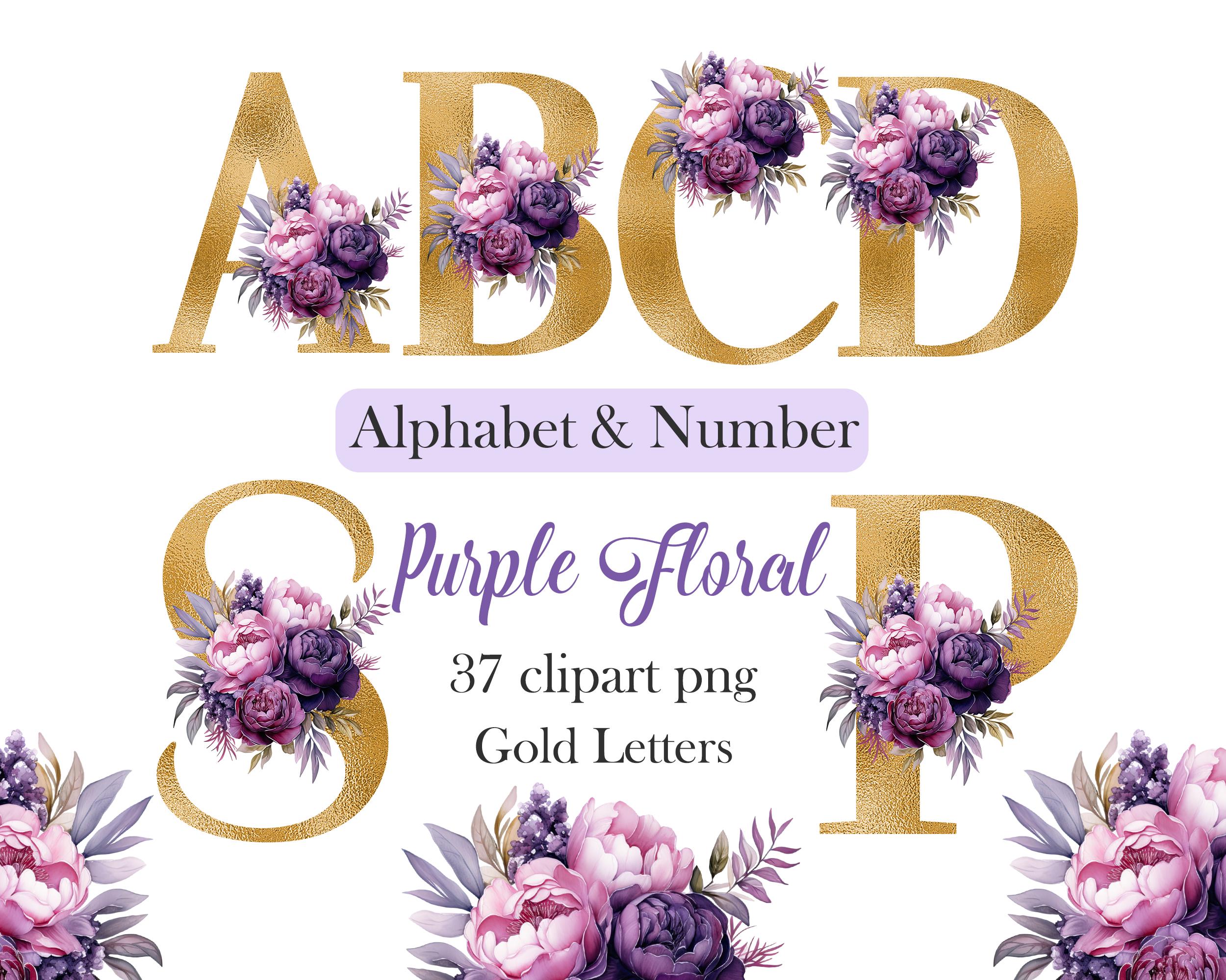 Purple Floral Alphabet PNG, Flower Alphabet Clipart, Gold Letters ...