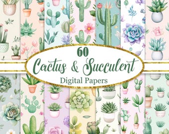 Cactus Digital Paper, Succulent Background Bundle, Scrapbook Paper, Digital Download