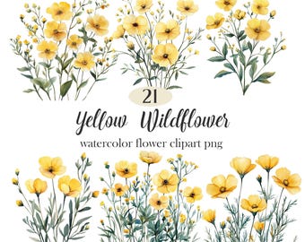Yellow Wildflower PNG, Watercolor Floral Clipart, Spring Flower, Digital Download