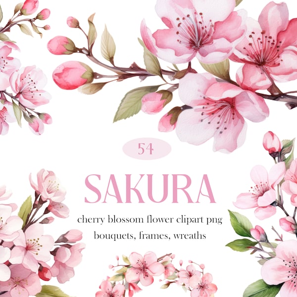 Cherry Blossom Flower Clipart, Watercolor Pink Sakura PNG, Wedding Floral, Flower Sublimation, Digital Download