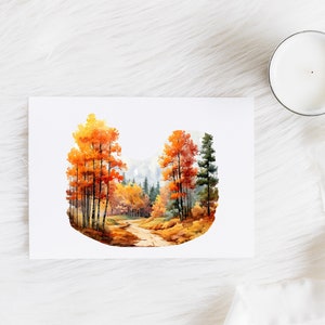 May include: Watercolor painting of a forest path with trees in autumn colors. The trees are mostly orange and yellow, with some green and brown. The path is dirt and leads into the forest.