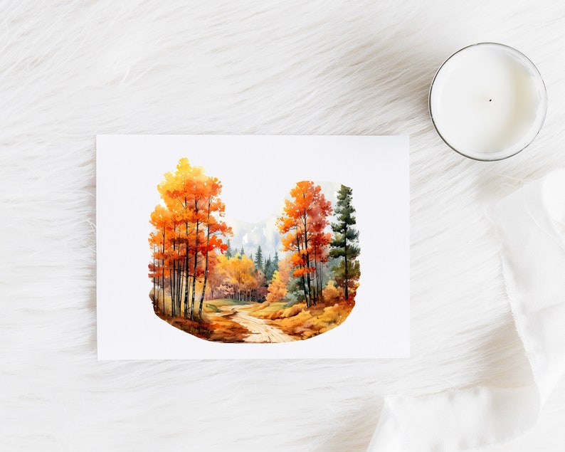 May include: Watercolor painting of a forest path with trees in autumn colors. The trees are mostly orange and yellow, with some green and brown. The path is dirt and leads into the forest.